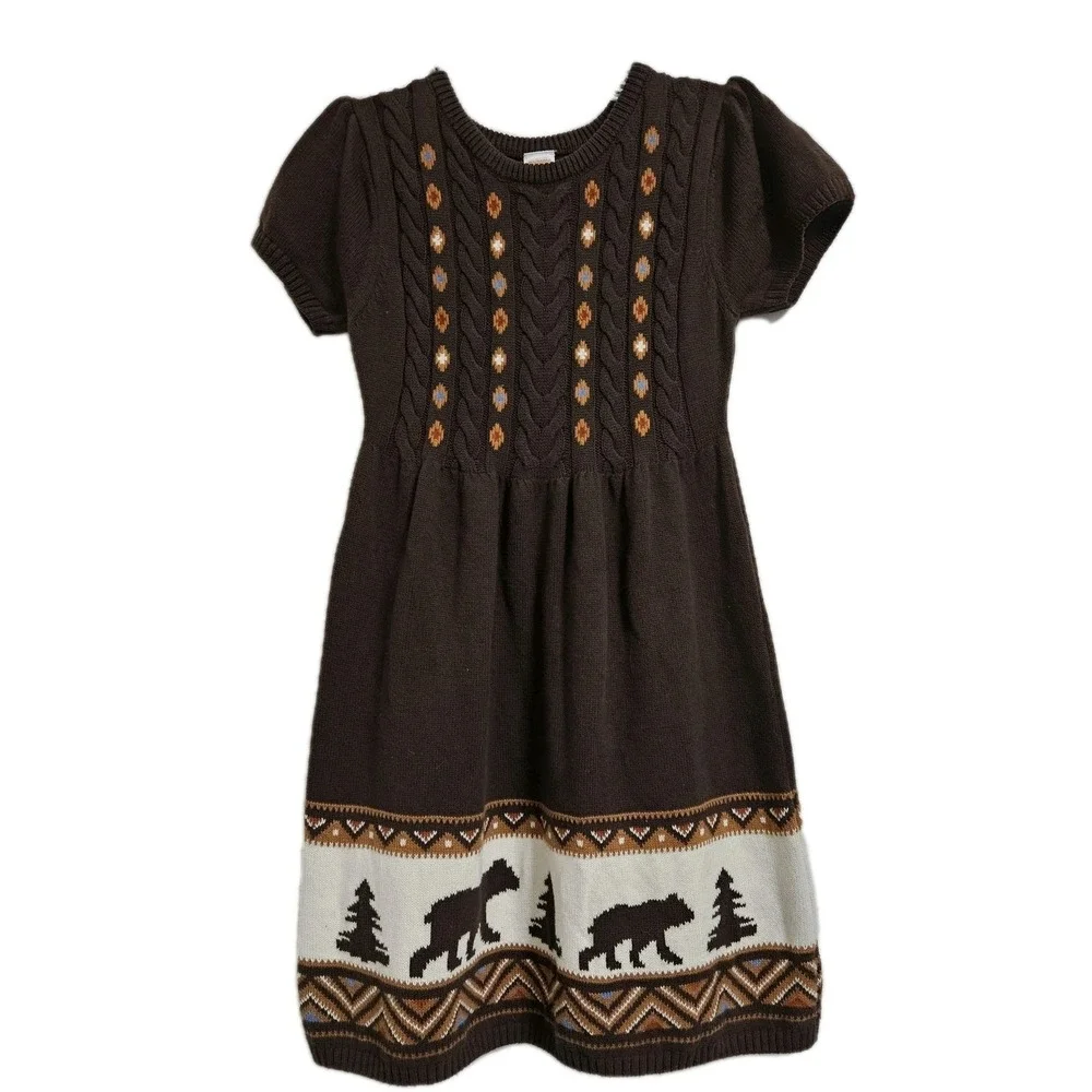 Gymboree Sweater Dress Girls 10 Brown Bear Fair Isle Cable Knit Cotton Short Slv